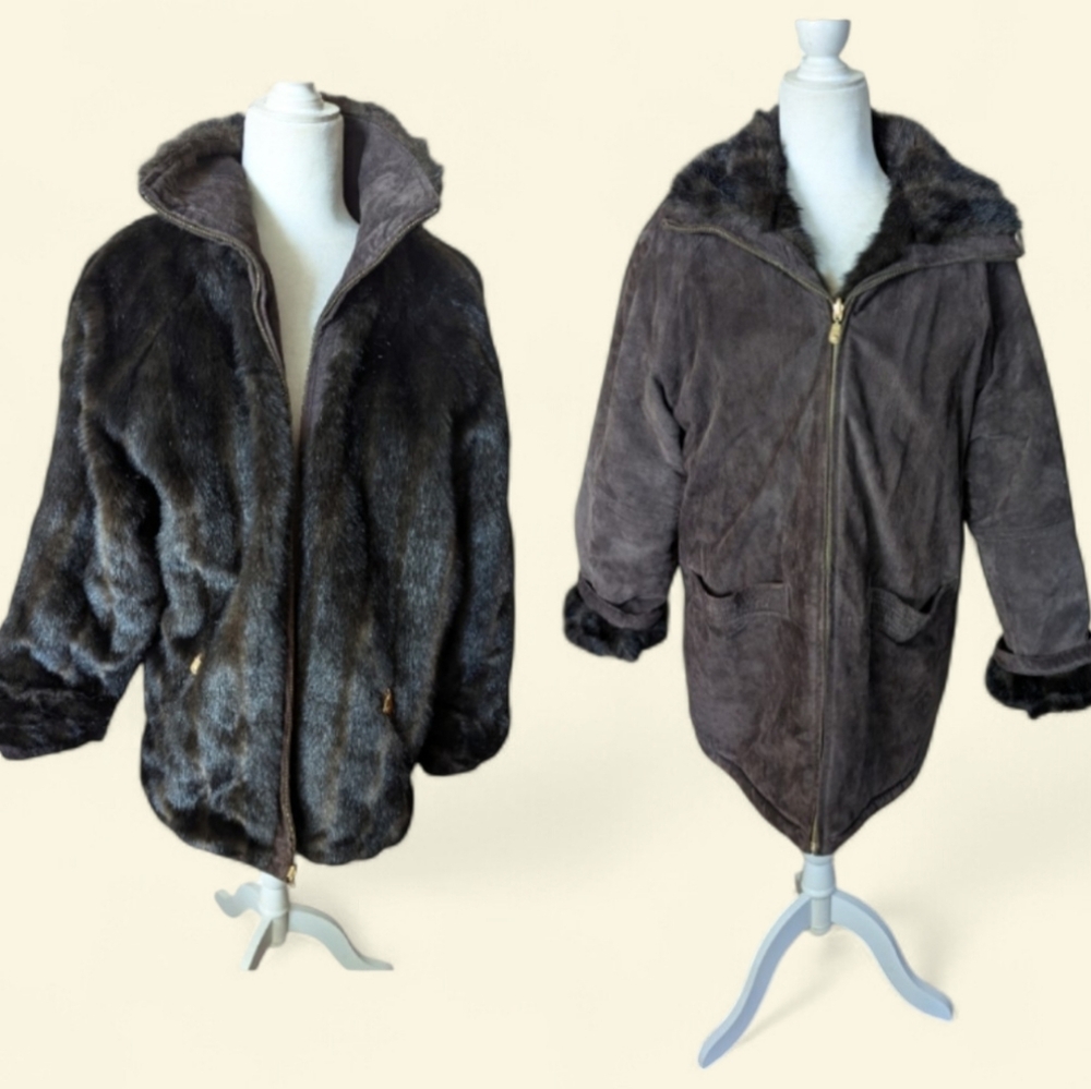 Reversible Chocolate Brown Suede & Plush Faux Mink Coat Luxe Winter Old Money L - Picture 10 of 12